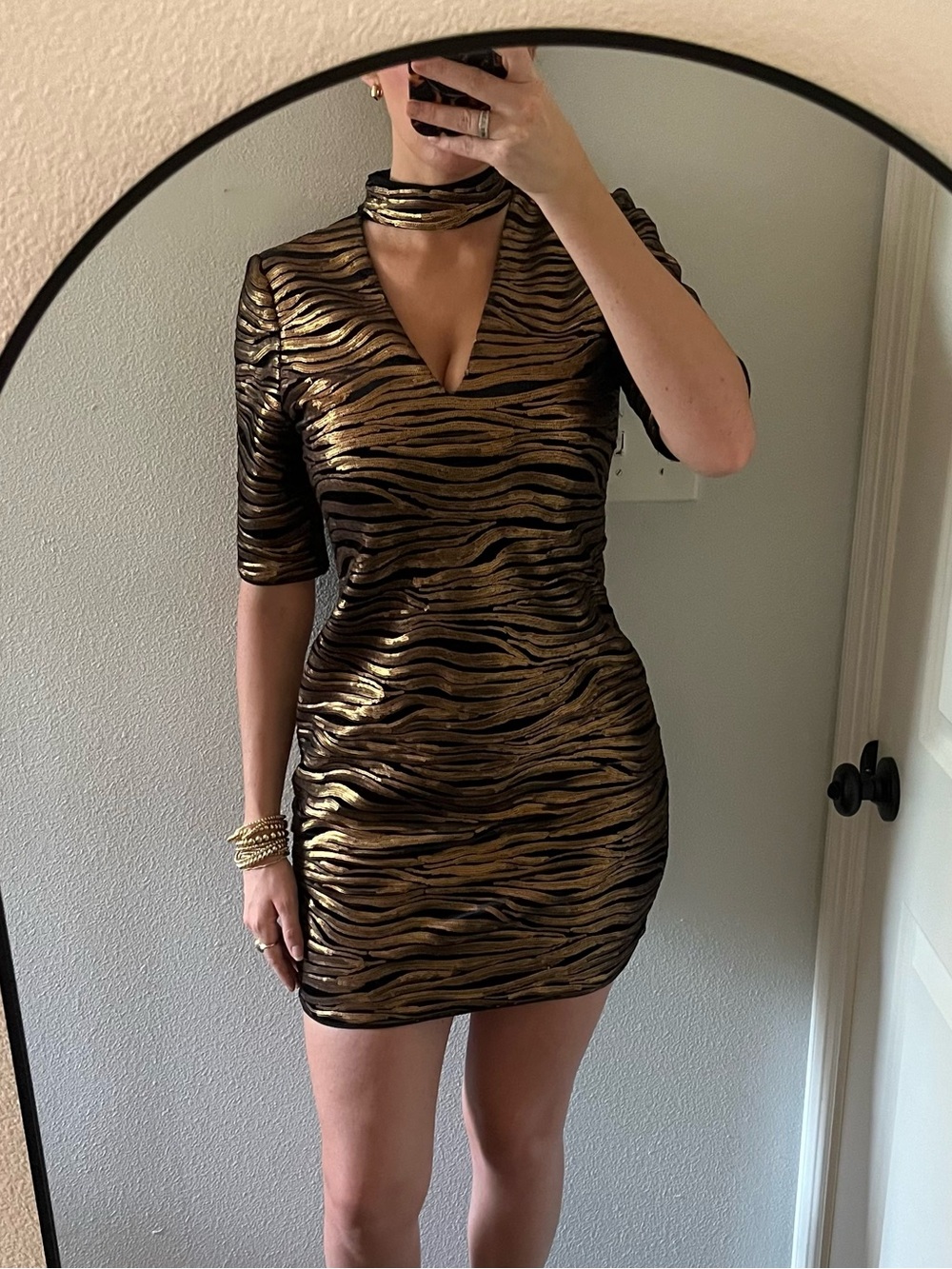Alice + Olivia Inka Sequin Zebra Print Choker Mini Dress in Gold and Black